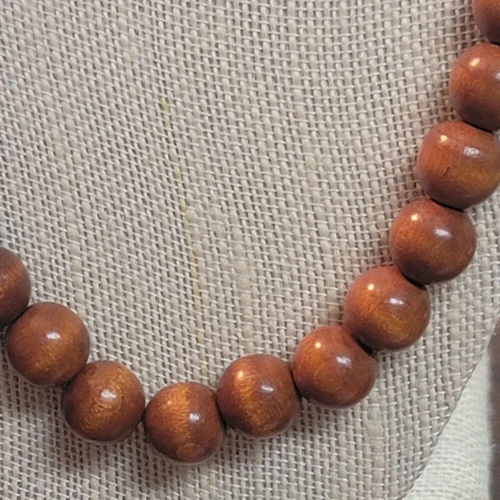 Vintage West Germany Wooden Beaded Necklace With Gold-tone Chain Clasp